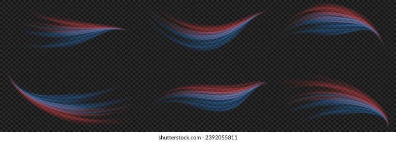 Set of abstract light lines of movement and speed. Space tunnel. Semicircular wave, light vortex trail.