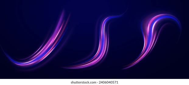 Set of abstract light lines of movement and speed. Vector purple ellipse. Racing cars dynamic flash effects city road with long exposure night ligh.