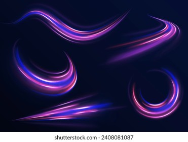 Set of abstract light lines of movement and speed. Vector purple ellipse. Racing cars dynamic flash effects city road with long exposure night ligh.