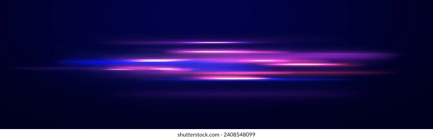 Set of abstract light lines of movement and speed. Vector purple ellipse. Racing cars dynamic flash effects city road with long exposure night ligh.