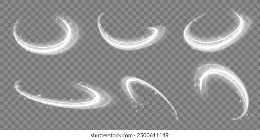 Set of abstract light lines of movement and speed. White. Bright galaxy. Glowing podium. Space tunnel. Light everyday glowing effect. semicircular wave, light vortex wake. bright spiral