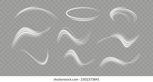 Set of abstract light lines of movement and speed. White. Bright galaxy. Glowing podium. Space tunnel. Light everyday glowing effect. semicircular wave, light vortex wake. bright spiral