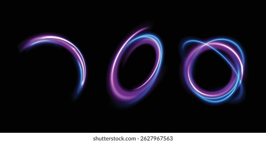 Conjunto de líneas de luz abstractas de movimiento y velocidad. elipse azul claro y púrpura. Una galaxia brillante. Podio brillante. Túnel espacial. Efecto brillante de luz todos los días. onda semicircular, vigilia de vórtice ligero.