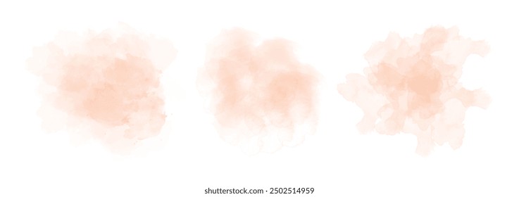 Set of abstract light orange watercolor water splash on a white background. Vector watercolour texture in salad color. Ink paint brush stain. Light orange splatters spot. Watercolor pastel splash