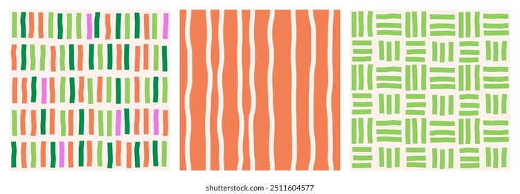 Conjunto de padrões de luz abstratos sem emenda de listras multicoloridas em uma linha em um plano de fundo claro, padrões listrados verdes e laranja, ilustração desenhada à mão, estilo plano