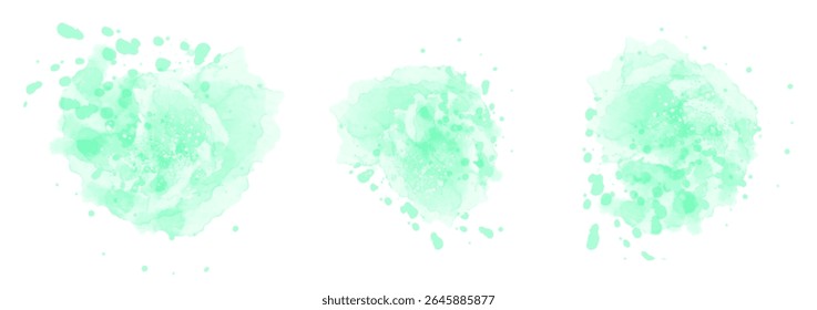 Conjunto de abstrato verde limão água salpicar em um fundo branco. Textura de aquarela vetorial em cor de salada. Mancha de pincel de tinta. Mancha manchas verde limão. Mancha pastel aquarela
