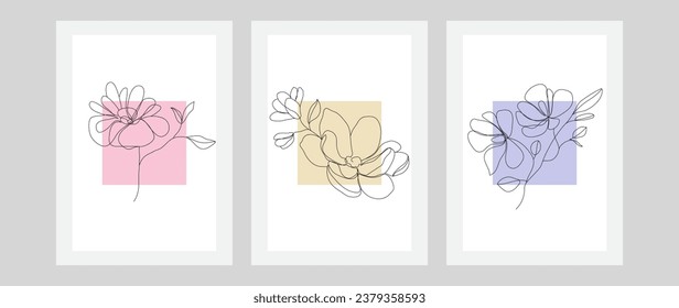 Set of abstract line art with botanical leaves and abstract geometric shapes. Vector set of botanical wall art for print, cover, wallpaper, wall decor.	