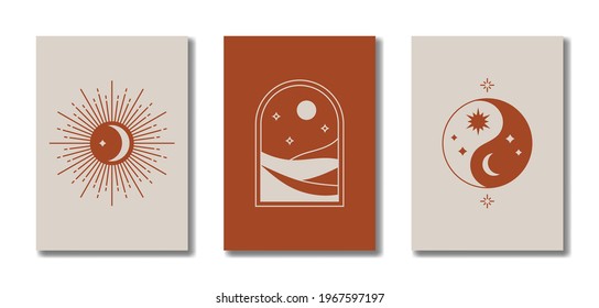 Set of abstract line art esoteric posters. Minimalist geometric style. Pastel beige colors. Design for wallpaper, wall decor, logo, icon, branding, print, card, social media. Vector illustration