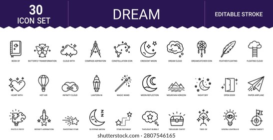 Set of abstract line art icons depicting dreams, imagination, goals, celestial elements, vision.