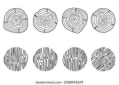 A set of abstract line art illustrations featuring tree rings and wood textures.