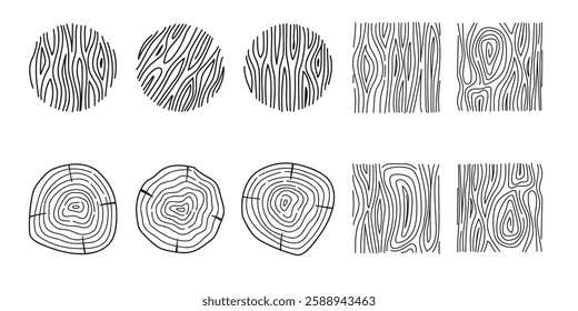 A set of abstract line art illustrations featuring tree rings and wood textures. This vector design captures the natural beauty of tree cross-sections and wood grain.