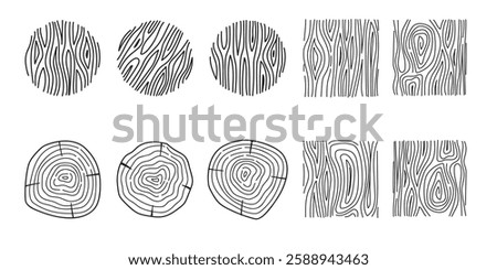 A set of abstract line art illustrations featuring tree rings and wood textures. This vector design captures the natural beauty of tree cross-sections and wood grain.