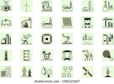 Set of abstract  line art industry icons featuring energy, oil an gas, solar, wind energy,  oil rigs, mining, power lines, robots, equipment, construction, telecommunications tower and satellite. 