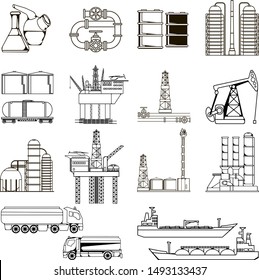 Set von abstrakten Kunstbildern aus der Öl- und Gasindustrie mit Energie, Bohrinseln, Industrieanlagen für Lagerung und Transport. 