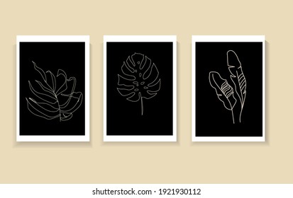 set abstract line art palm plants
