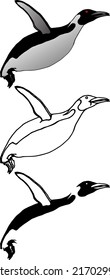 A set of abstract line art of Penguin leap dive into the air, isolated against white. Hand drawn vector illustration.