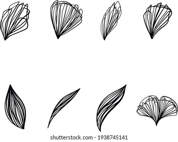 Set of abstract line art petals and leaves to create your own flowers, bouquets, textures and patterns. Logo design, invitations. Vector graphics. Line drawing icon. Stylish abstract simple leaves.