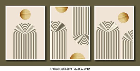 Set of abstract line art posters. Trendy minimal style. Pastel colors, gold texture. Geometric design for wallpaper, wall decor, postcard, print, social media, banner, cover. Vector illustration