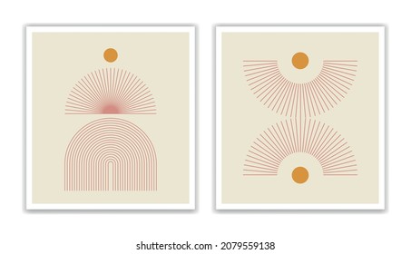 Set of abstract line art posters. Modern trendy geometric style. Balance shapes, circles, arches. Pastel colors. Design for wallpaper, wall decor, postcard, print, background. Vector illustration.