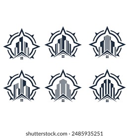 set Abstract line art vector house and building compass logo