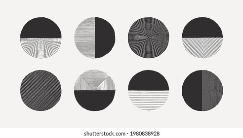 Set of Abstract Line Circle in Minimal Trendy Style Isolated on white background. Vector Round Graphic Element of Hand Drawn Texture for creating Patterns, Invitations, Posters, Cards