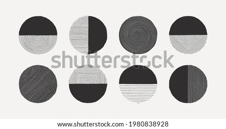 Set of Abstract Line Circle in Minimal Trendy Style Isolated on white background. Vector Round Graphic Element of Hand Drawn Texture for creating Patterns, Invitations, Posters, Cards