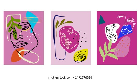 Set with abstract line continuous face. Contemporary composition in modern cubism style. Creative background. Colorful shapes and textures.