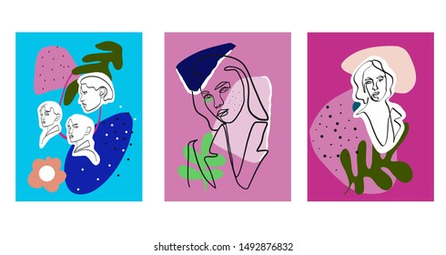 Set with abstract line continuous face. Contemporary composition in modern cubism style. Creative background. Colorful shapes and textures.