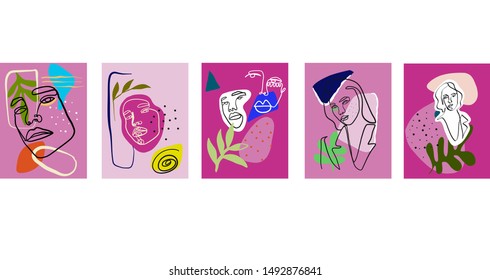 Set with abstract line continuous face. Contemporary composition in modern cubism style. Creative background. Colorful shapes and textures.