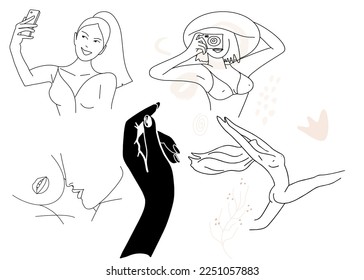 Conjunto de abstractos, líneas, dibujos de mano de contorno, belleza corporal femenina, maternidad, amor.