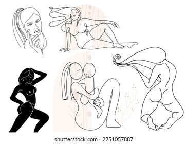 Set of abstract, line, contour hand drawings, female body beauty, motherhood, love.