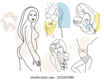 Set of abstract, line, contour hand drawings, female body beauty, motherhood, love.
