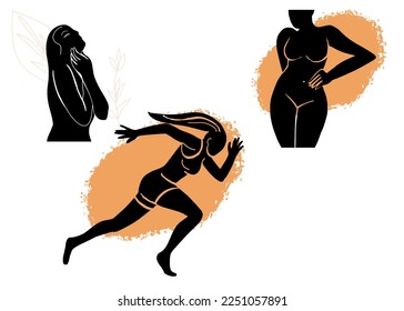 Set of abstract, line, contour hand drawings, female body beauty, motherhood, love.