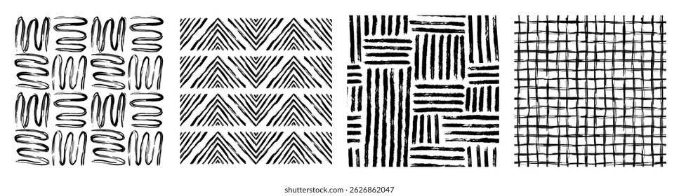 Conjunto de traçado de linha abstrata, ponto, pincel de forma em cores pretas e brancas. Fundo Boho em estilo minimalista vetor Ilustração para papel de parede, tecido