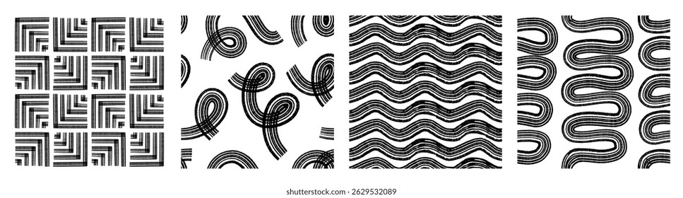Set of abstract line, dot, shape brush stroke in black and white colors. Boho background in minimalist style vector Illustration for wallpaper, fabric