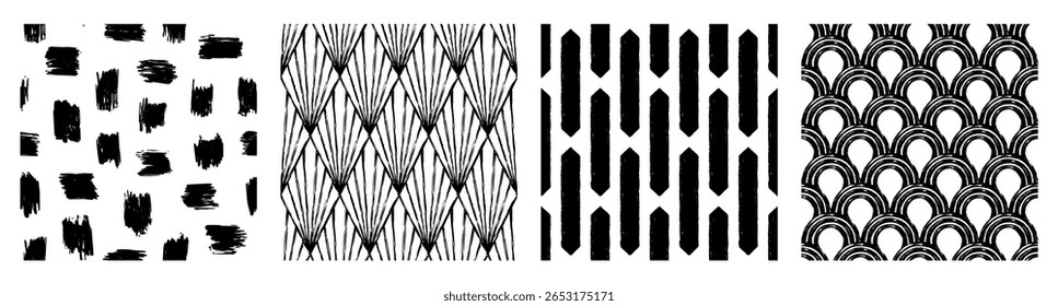 Set of abstract line, dot, shape brush stroke in black and white colors. Boho background in minimalist style vector Illustration for wallpaper, fabric