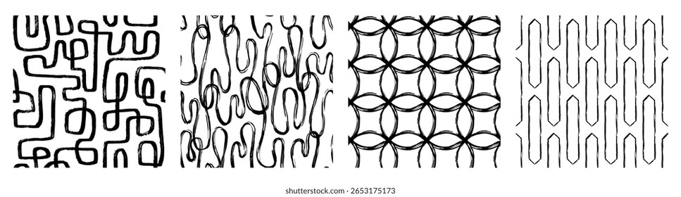 Set of abstract line, dot, shape brush stroke in black and white colors. Boho background in minimalist style vector Illustration for wallpaper, fabric