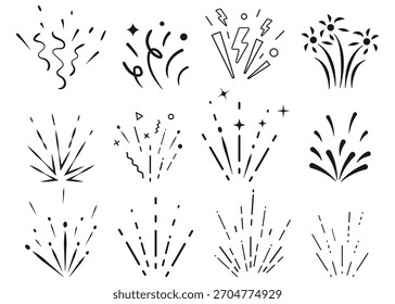 Set of abstract line icons representing confetti, fireworks, and decorative bursts for celebration design. Creative abstract burst icons collection perfect for party, holiday, or celebration themes.