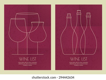 Set of abstract line illustration, three wine glass and bottles on grunge paper background. Concept for bar menu, party, alcohol drinks, cocktail or wine list, flyer, poster design. 