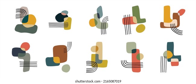 set of abstract line illustrations and hand drawn shapes. composition of boho style design elements for posters, wall art, decorations, and ornaments.