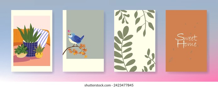 Conjunto de líneas abstractas hojas floridas diseño vectorial de fondo floral para la impresión de arte, decoración de pared, banner y tarjetas.
