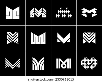 Set of abstract line letter M logo design. Modern digital initial M logo brand.