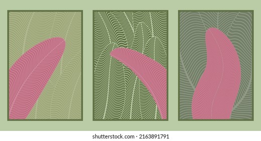 Conjunto de líneas abstractas de hoja tropical con fondo de color verde
