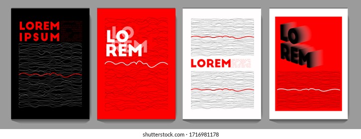 Conjunto de tapas abstractas de diseño de ondas de línea A4 en color rojo, blanco y negro. para fondo, banner, portada, tarjeta de presentación.