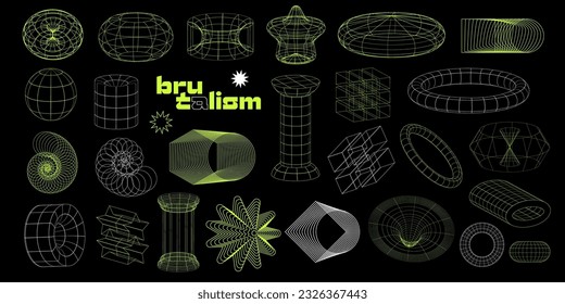 Satz abstrakter linearer ästhetischer y2k geometrischer Elemente und Wireframe-Formen. Retro Gitterlinien Design Elemente Sammlung im brutalistischen Stil. Vektorgrafik für Social-Media-Design oder Poster