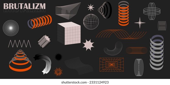 Set of abstract linear aesthetic y2k geometric elements and wireframe shapes. Retro grid line design elements collection in brutalism style. Vector illustration for social media design or posters