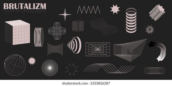 Set of abstract linear aesthetic y2k geometric elements and wireframe shapes. Retro grid line design elements collection in brutalism style. Vector illustration for social media design or posters