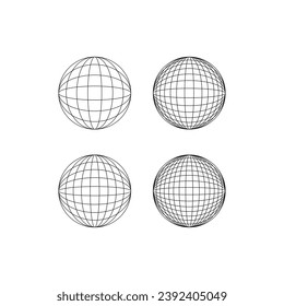 Set of abstract linear balls. Globe earth, disco ball. Vector outline illustration. Geometry grid spheres. Abstract futurism wireframe