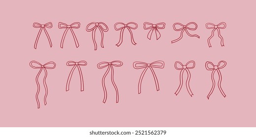 Set of abstract linear bow icons. Vector outline illustration of various ribbons. Hand drawn clipart in retro sketch style