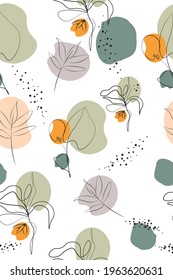 Set of abstract linear, creative plants, flowers, orange and pastel spots with summer concept. Seamless design for testille, brochures, flyers, presentations, leaflets, magazines.
